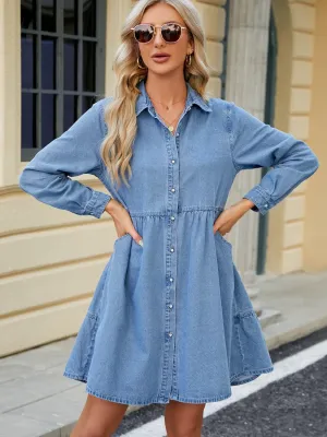 Blue Denim Tiered Button Up Long Sleeve Dress