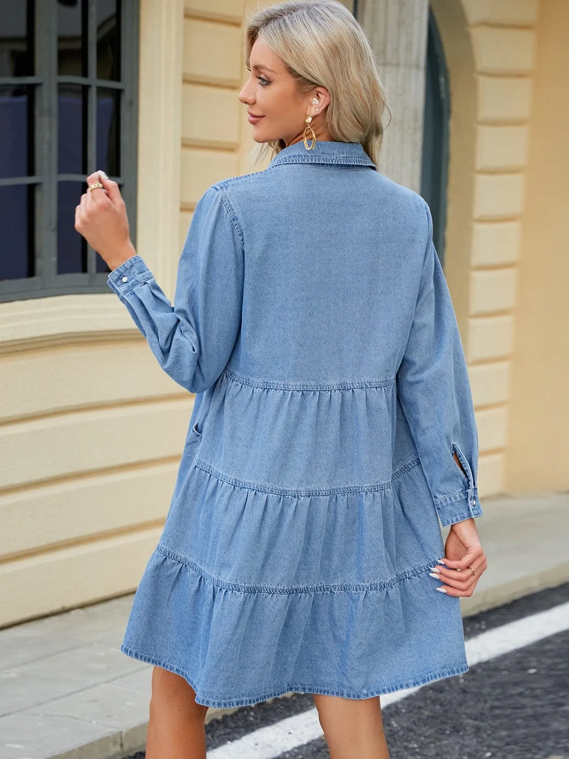 Blue Denim Tiered Button Up Long Sleeve Dress