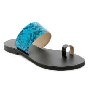 Blue Snake Print Toe Ring Flat Sandals