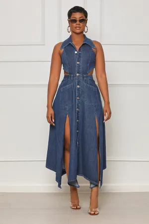 Brunch Gal Cut-Out Denim Dress (Blue)