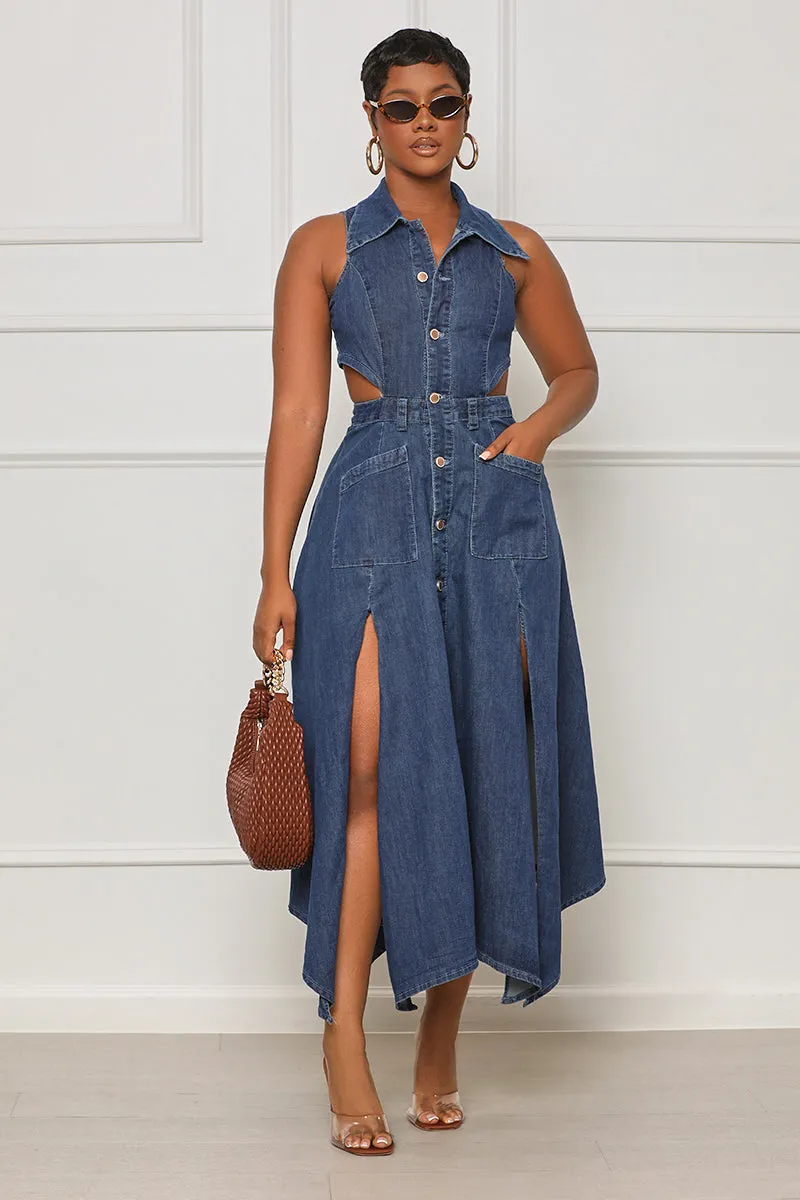 Brunch Gal Cut-Out Denim Dress (Blue)