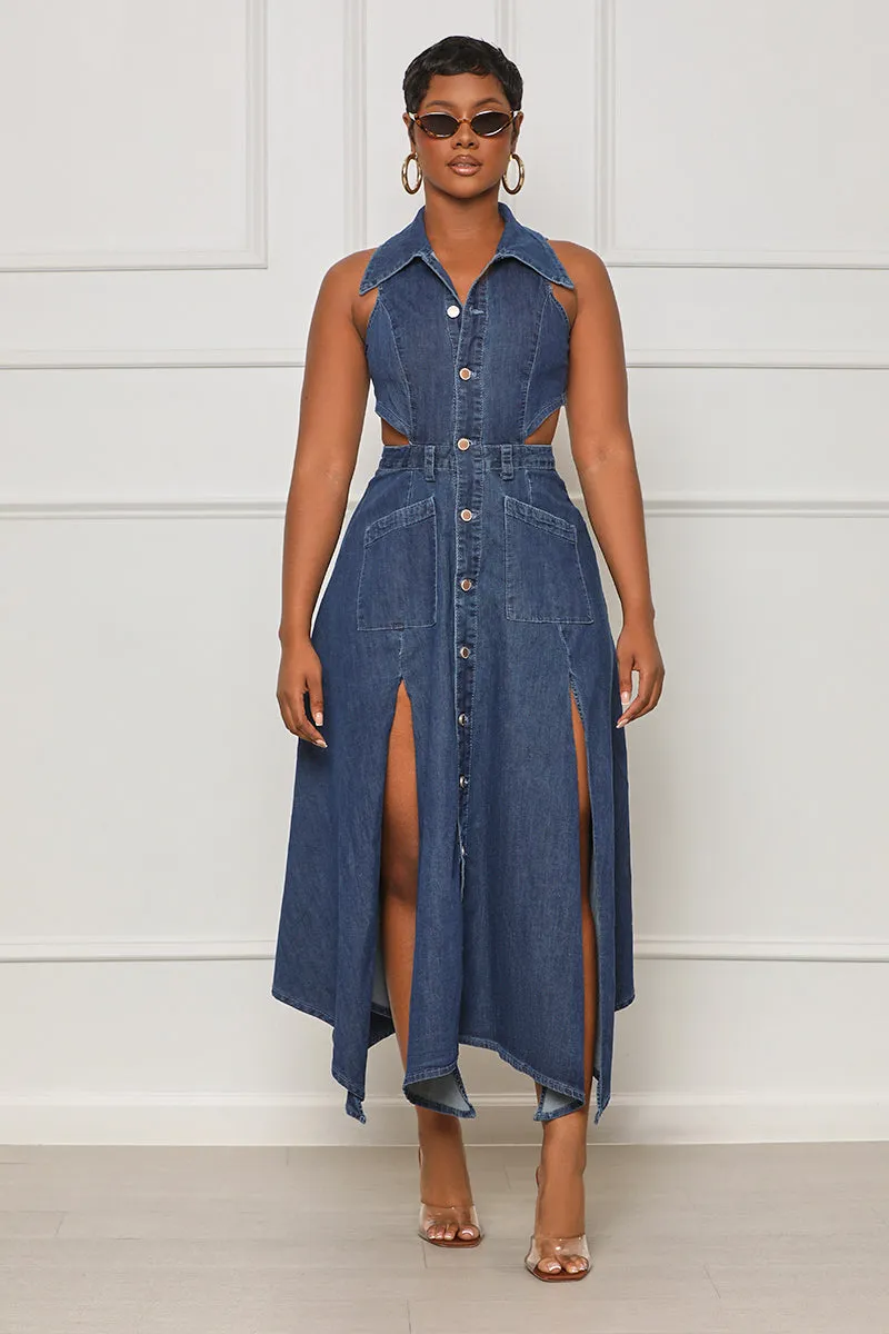 Brunch Gal Cut-Out Denim Dress (Blue)