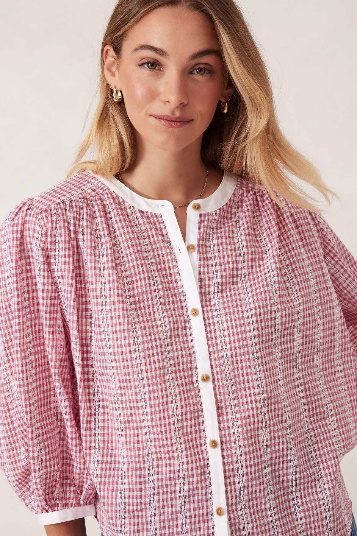 Ceres Life Woven Collarless Top - red gingham