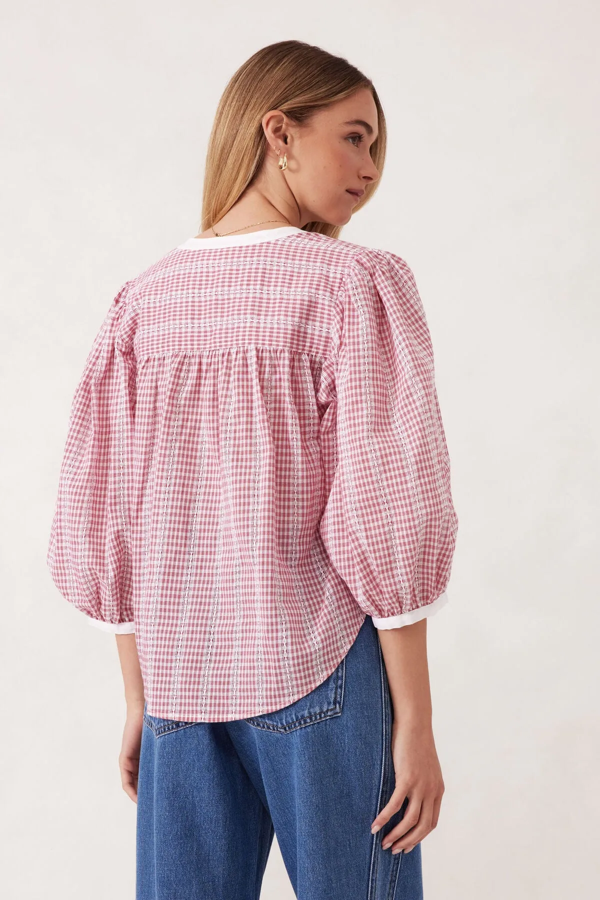 Ceres Life Woven Collarless Top - red gingham