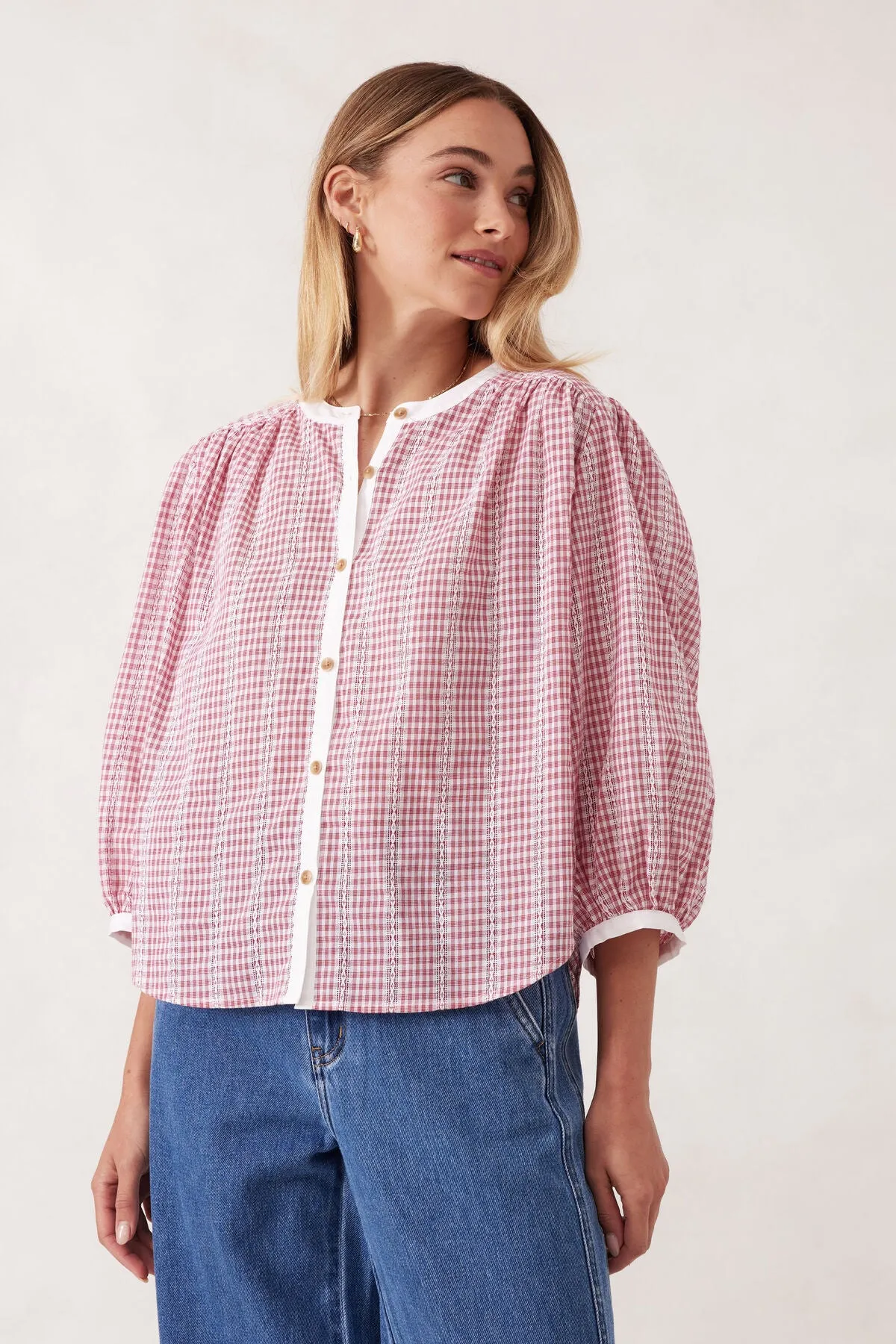 Ceres Life Woven Collarless Top - red gingham