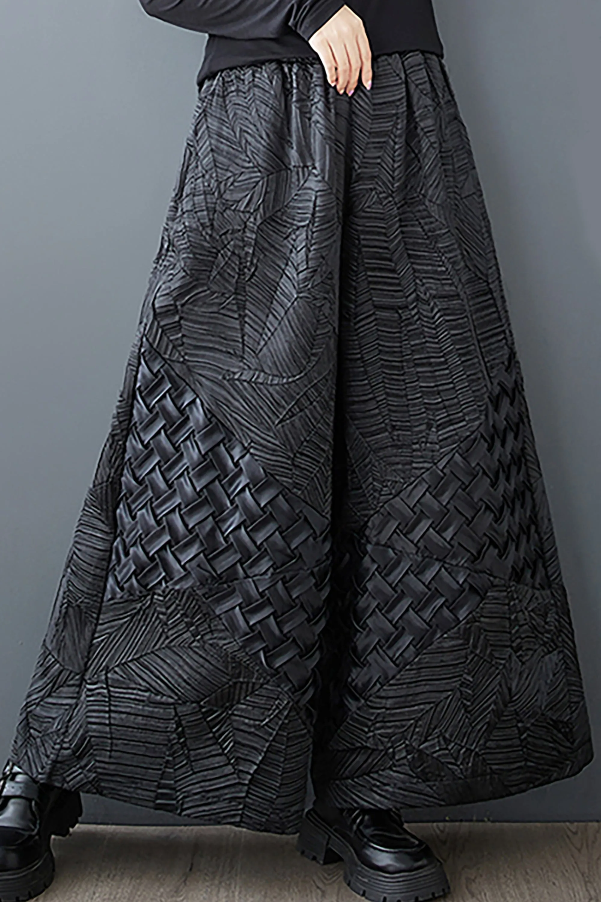 Elastic Textured Wide Leg Pants