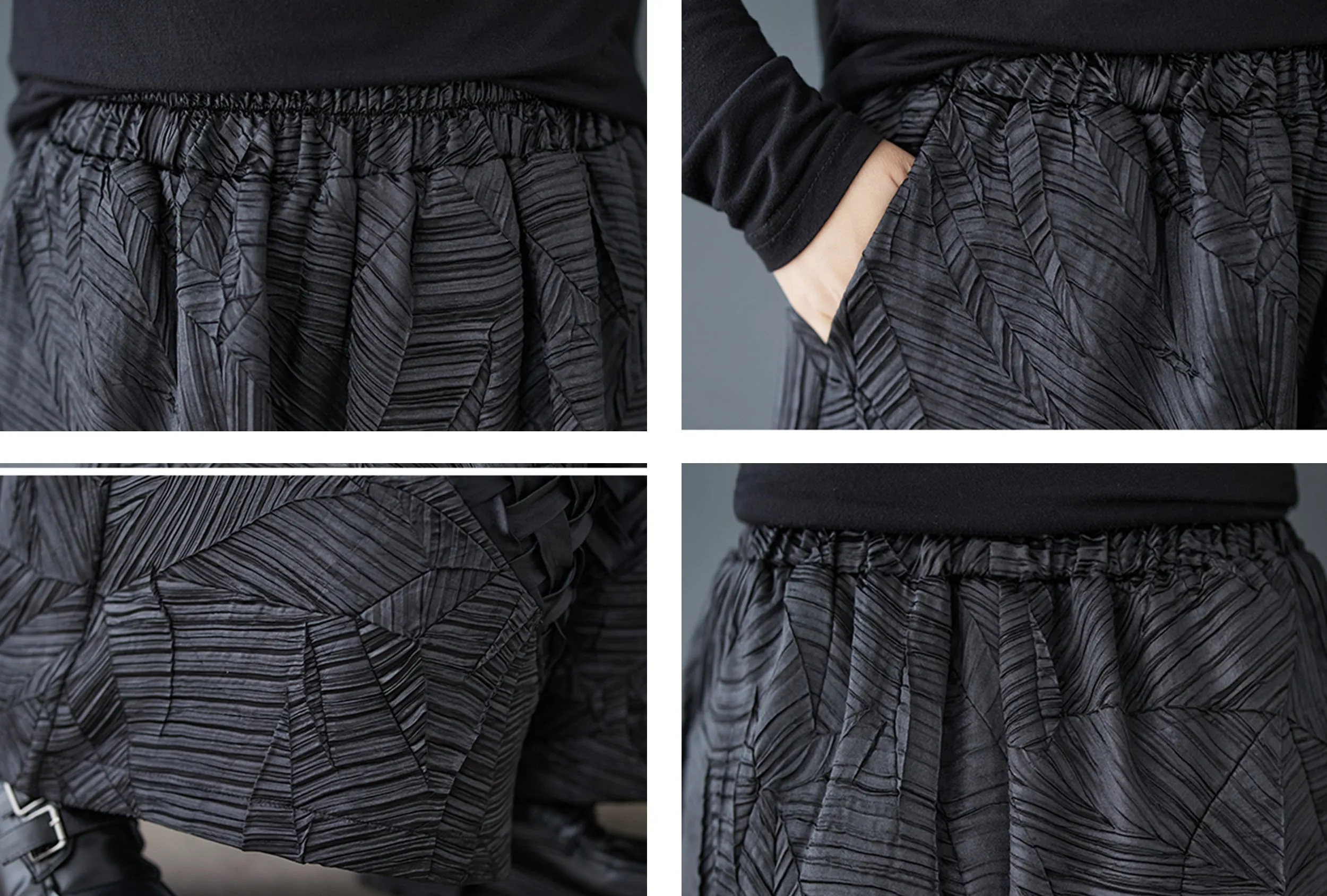 Elastic Textured Wide Leg Pants