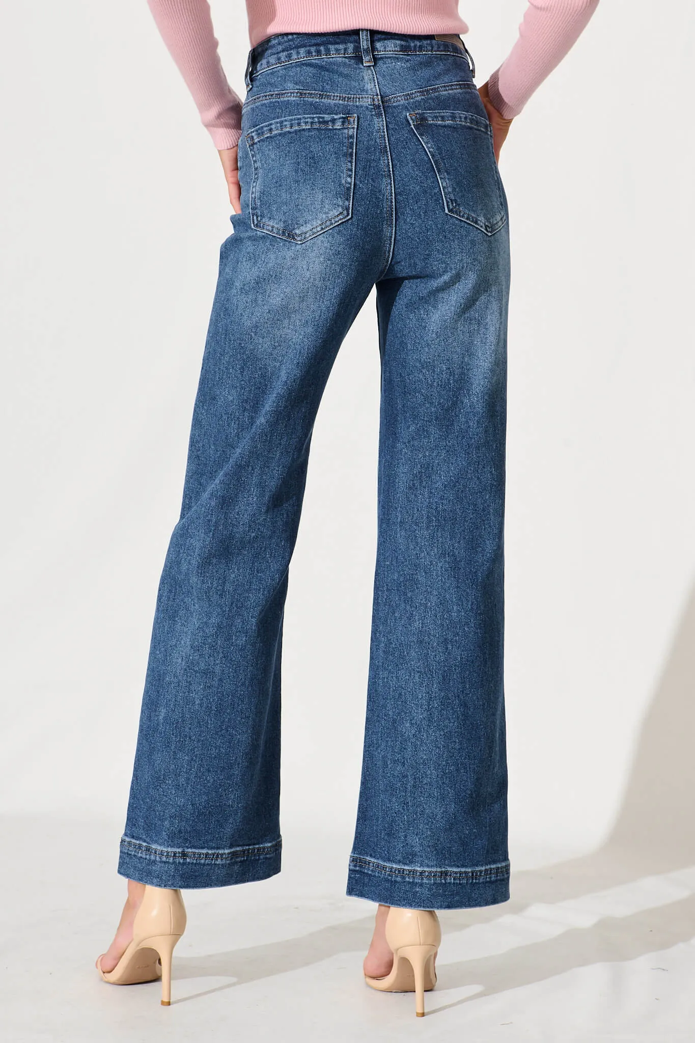 Ella High Rise Relaxed Leg Jean In Mid Blue Denim