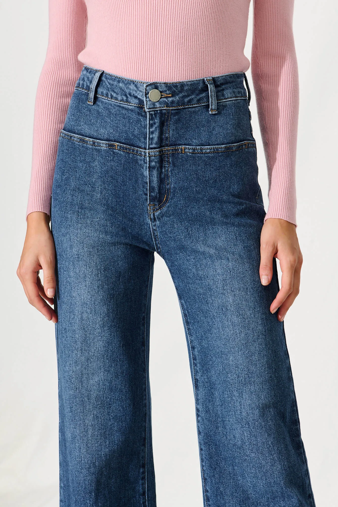 Ella High Rise Relaxed Leg Jean In Mid Blue Denim