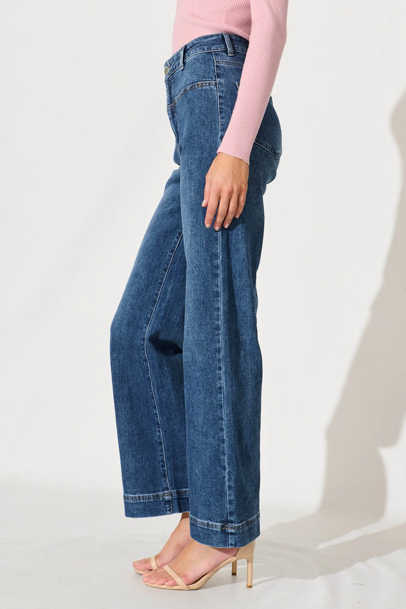 Ella High Rise Relaxed Leg Jean In Mid Blue Denim