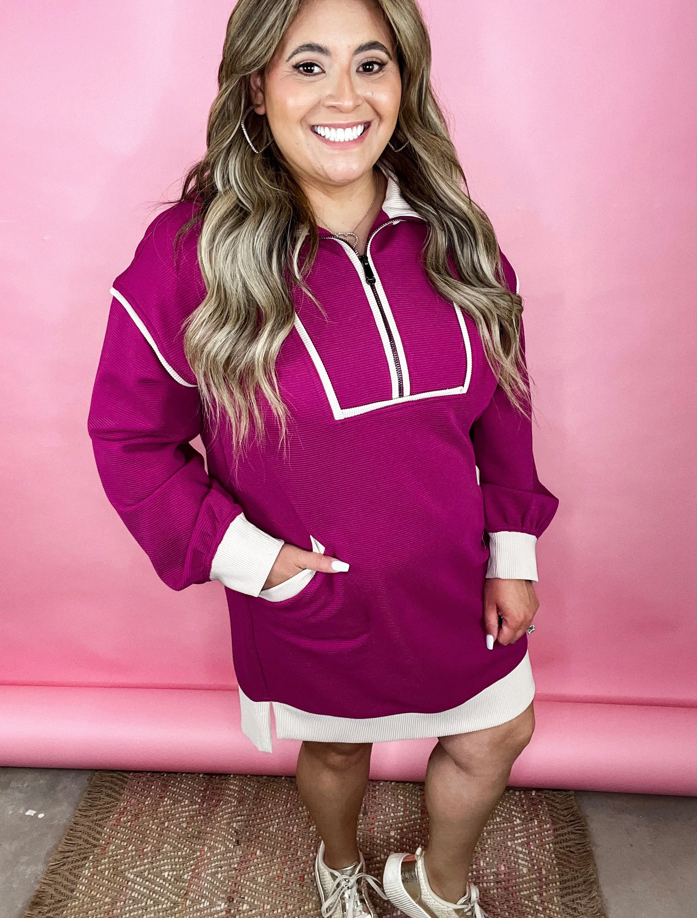 Mina Magenta Ribbed Long Sleeve Collard Dress