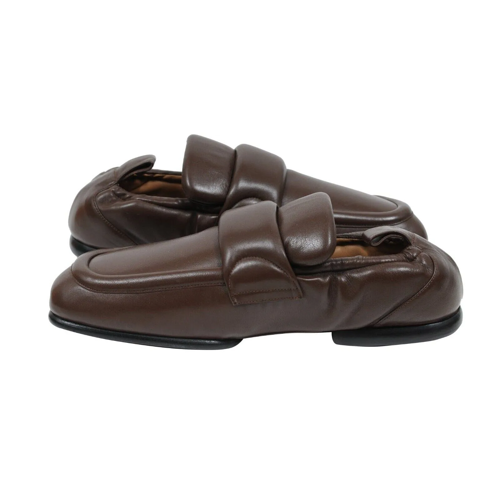 Padded Loafers Brown Leather Slip On Square Toe