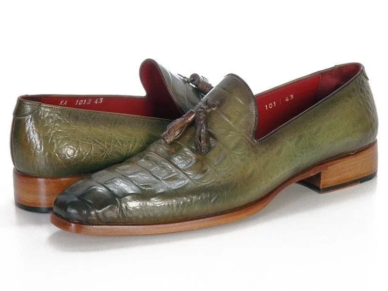 Paul Parkman Men's Green Crocodile Embossed Calfskin Tassel Loafer (ID#PP2281-GREEN)