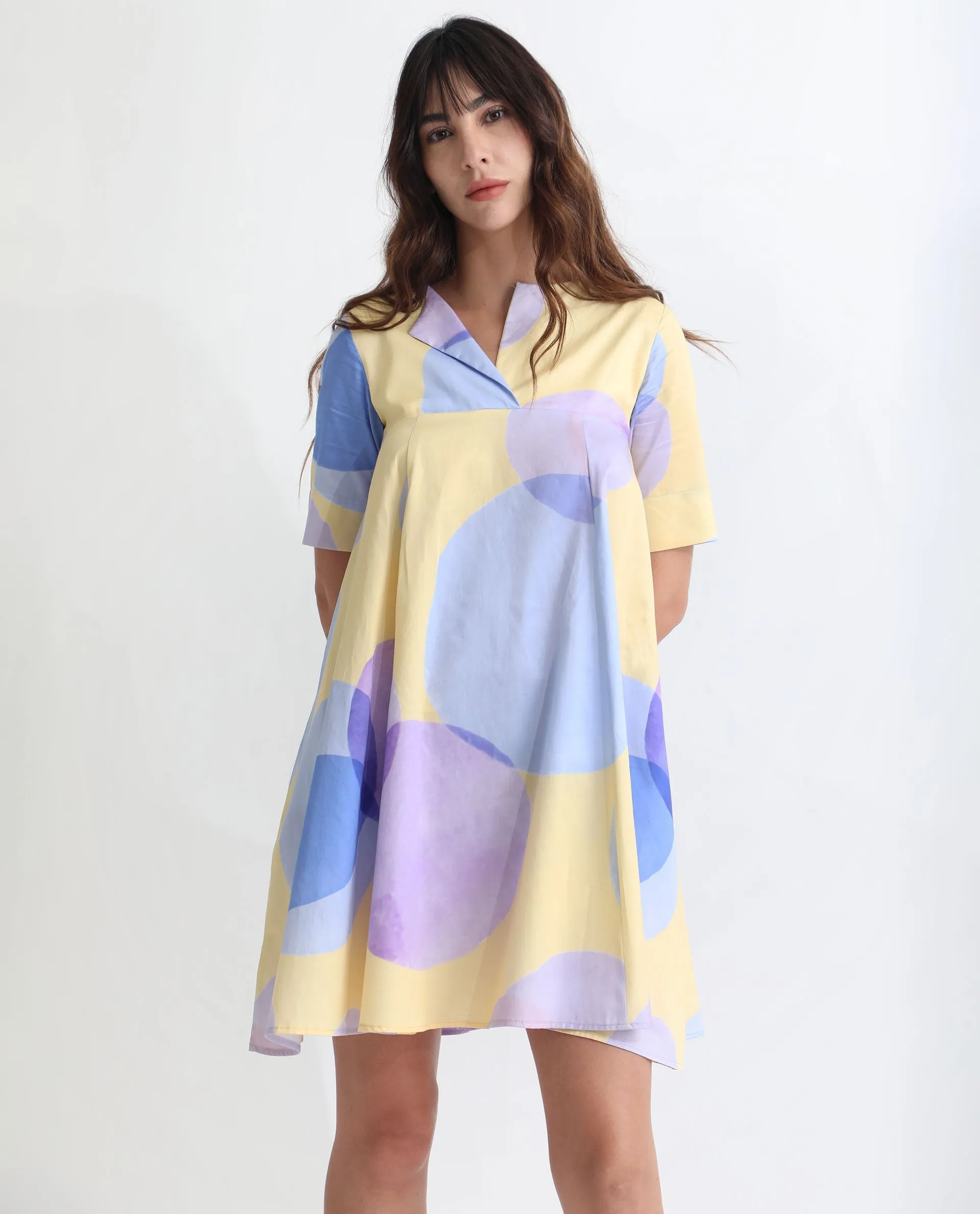 Rareism Women Campbell Yellow Cotton Fabric Short Sleeves Over Lap Flared Fit Abstract Print Knee Length Empire Dress