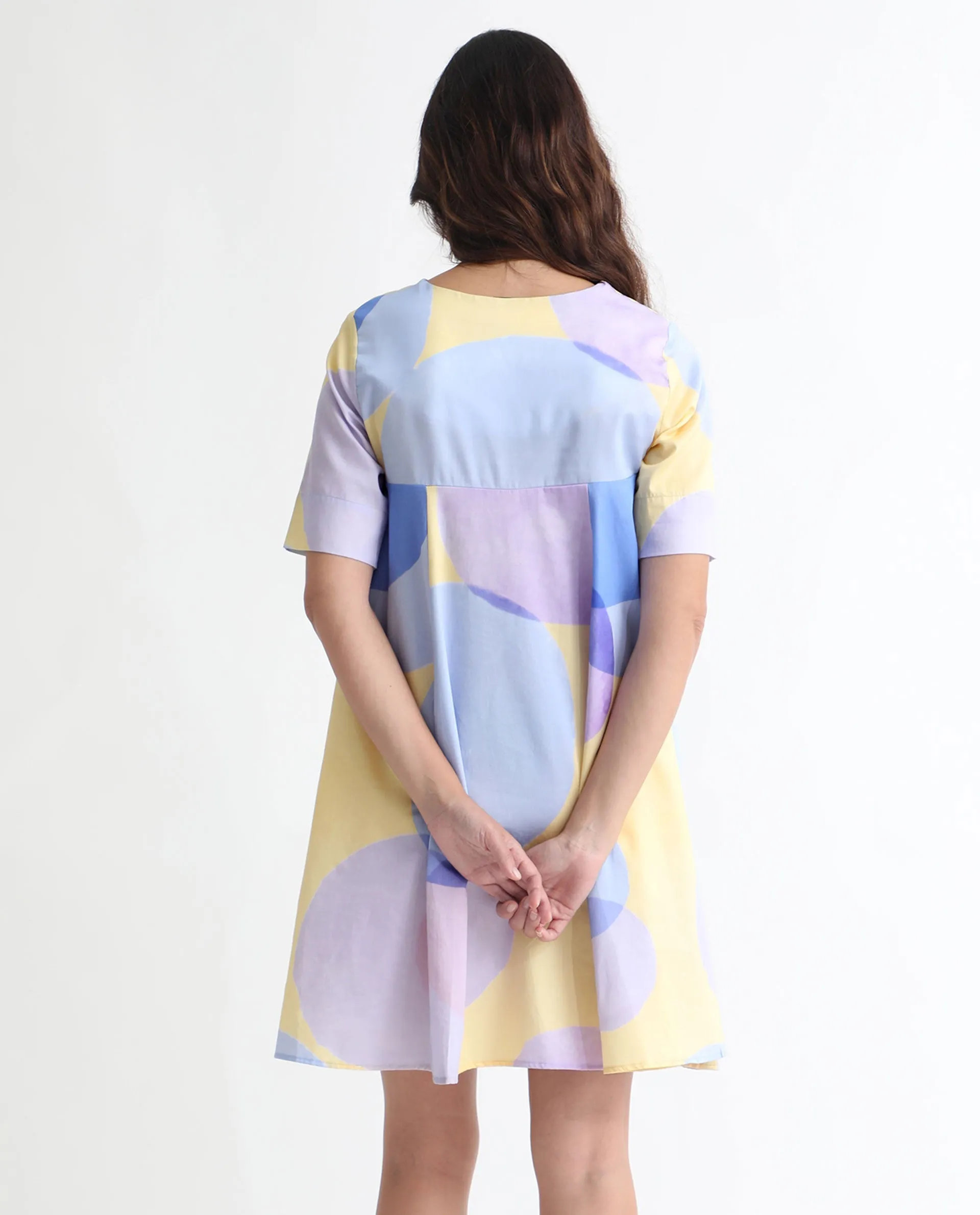 Rareism Women Campbell Yellow Cotton Fabric Short Sleeves Over Lap Flared Fit Abstract Print Knee Length Empire Dress