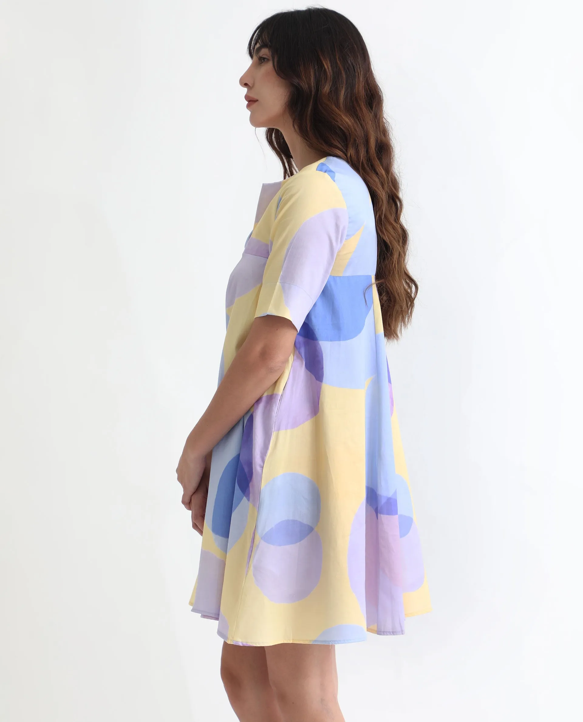 Rareism Women Campbell Yellow Cotton Fabric Short Sleeves Over Lap Flared Fit Abstract Print Knee Length Empire Dress