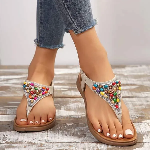 Women's Beaded Flat T-Strap Sandals 62457933C