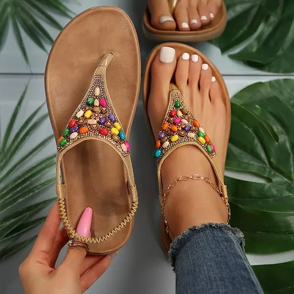 Women's Beaded Flat T-Strap Sandals 62457933C